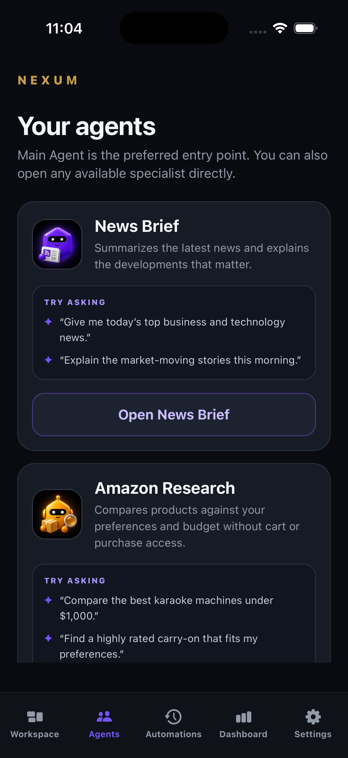 Actual Nexum iOS Agents screen with specialist descriptions and suggested requests